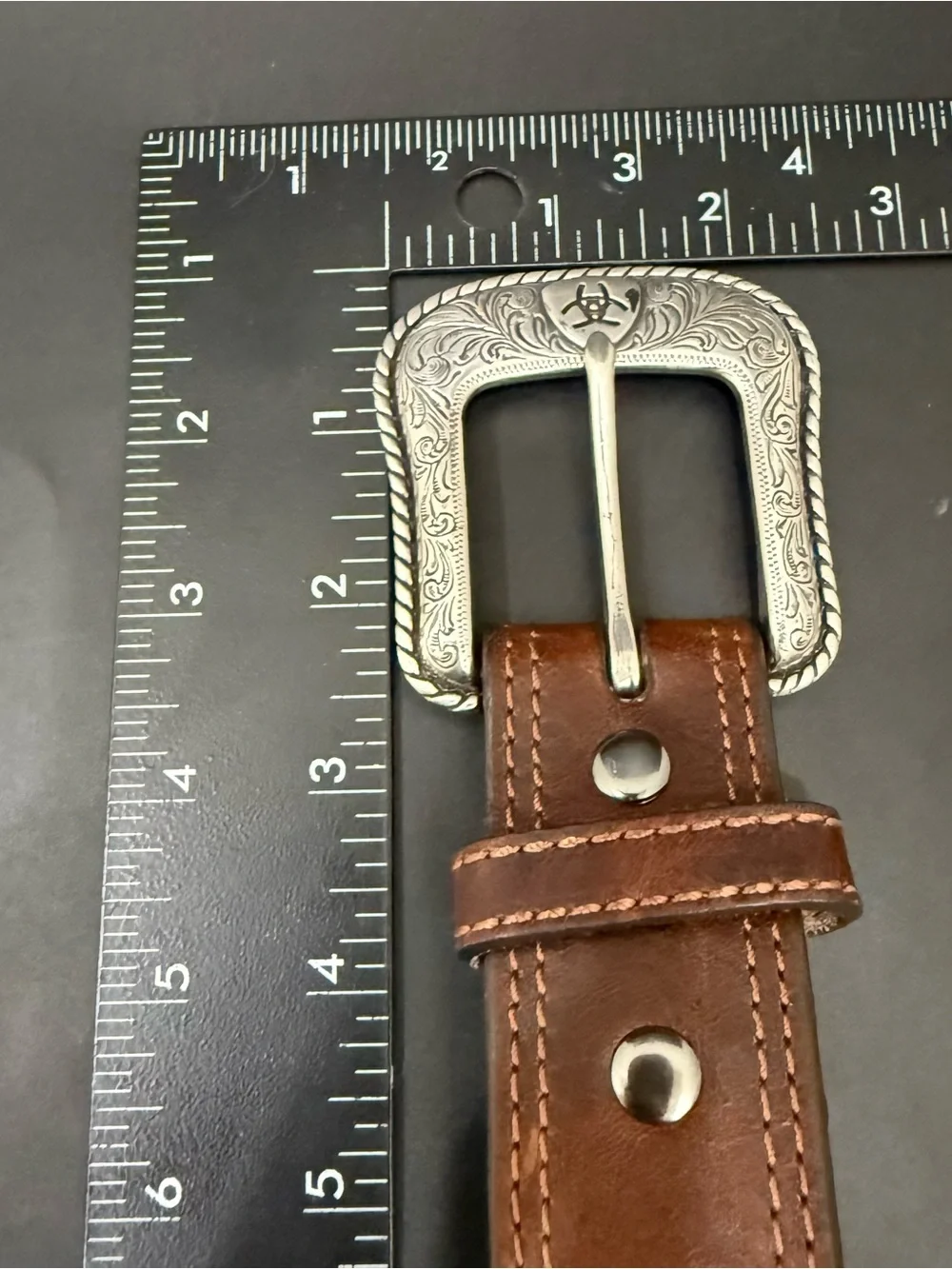 ARIAT Brown Leather Silver Ornate Buckle Rodeo Cowboy Men’s Western Belt Size 38